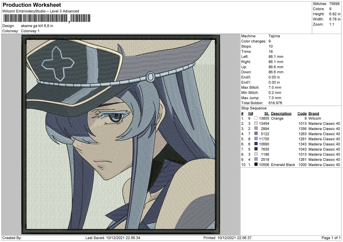 Esdeath Embroidery Design File, Akame ga Kill Anime Embroide