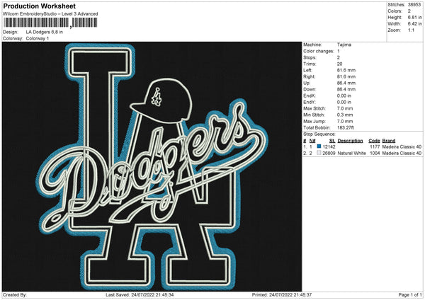 Los Angeles Dodgers Embroidery design, Dodgers logo Embroidery